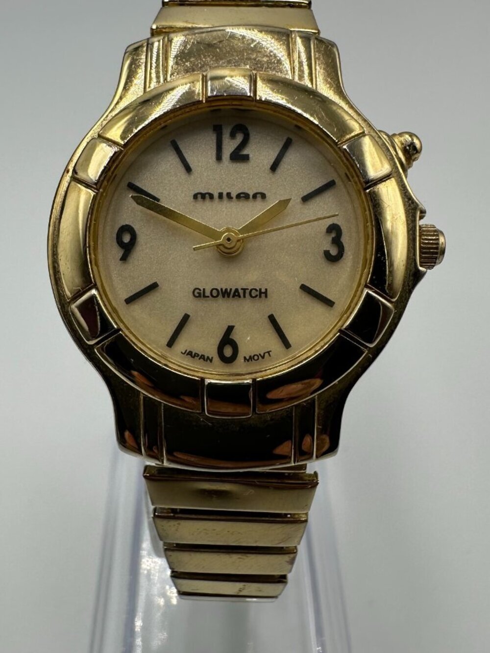 3/$30 Milan Watch Women Gold Tone Round Dial Stretch Band New Battery 6.5 Inch
